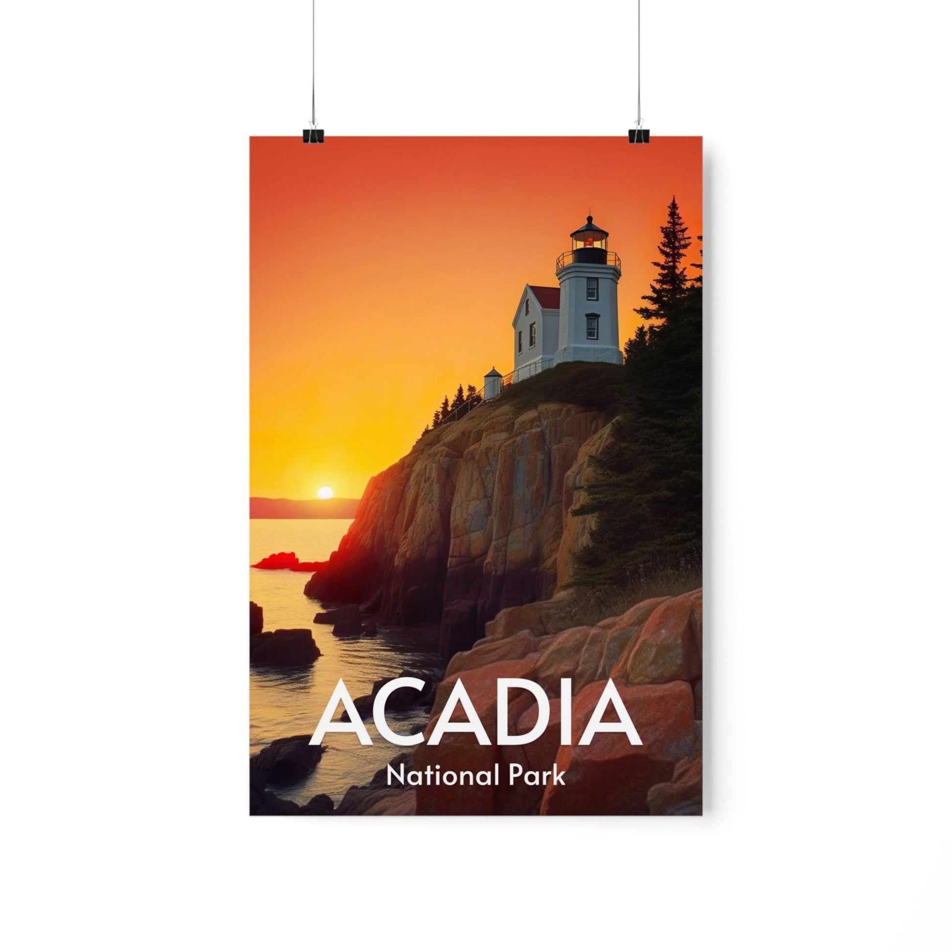 Acadia national park poster, lighthouse at sunset