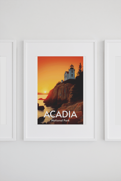 Acadia national park poster, lighthouse at sunset