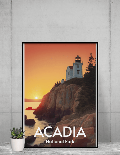 Acadia national park poster, lighthouse at sunset