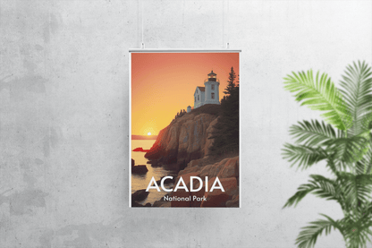 Acadia national park poster, lighthouse at sunset